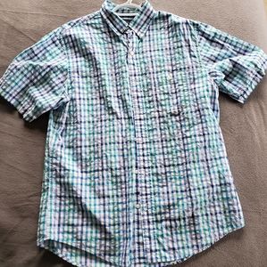Short sleeve Medium plaid button down shirt Land's End Blue Aqua White
